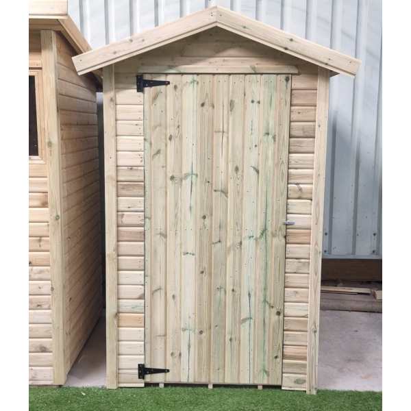 A 1200mm x 1200mm (4ft x 4ft) Apex shed with shiplap boards and a green mineral polyester felt roof, set in a garden with illustrative wheelbarrows, plants, and tools.